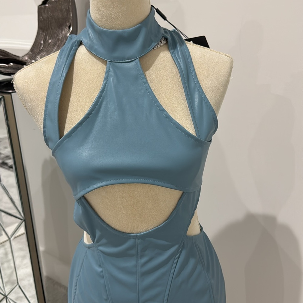 POWDER BLUE PU CUT OUT BODYCON - Picture 2 of 14